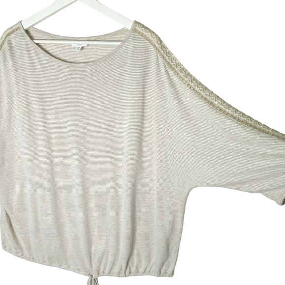 J. Jill Top Size 2X Tan Striped Linen Blend Knit Dolman Crochet Trim Casual Boho - Picture 3 of 9